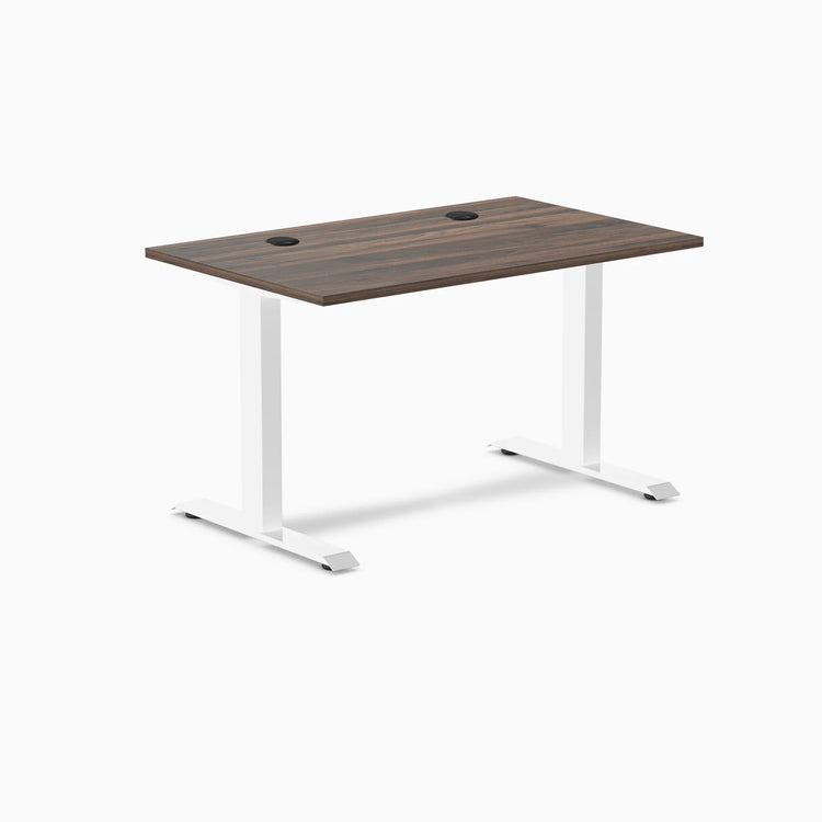 Desky Zero fixed-height office desk with Jarrah Legno laminate top, white steel frame, and grommets.