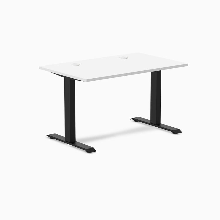 Desky Zero fixed height office desk with white laminate top, matte black steel frame, and grommets.