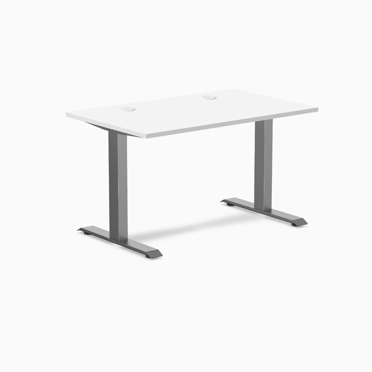 Desky Zero fixed height office desk with white laminate top, space gray steel frame, and grommets.