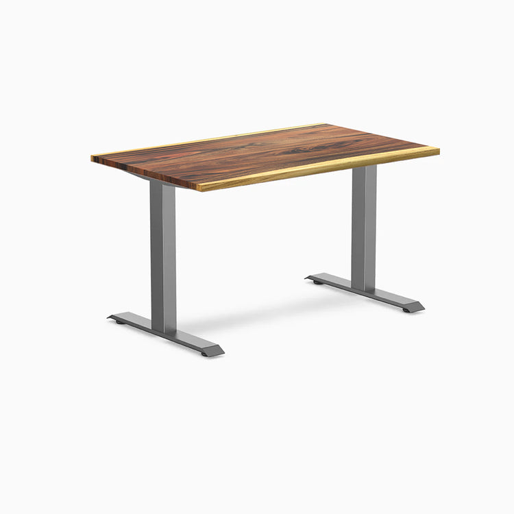Desky Zero fixed-height office desk with a Saman hardwood top and Space Gray steel frame.