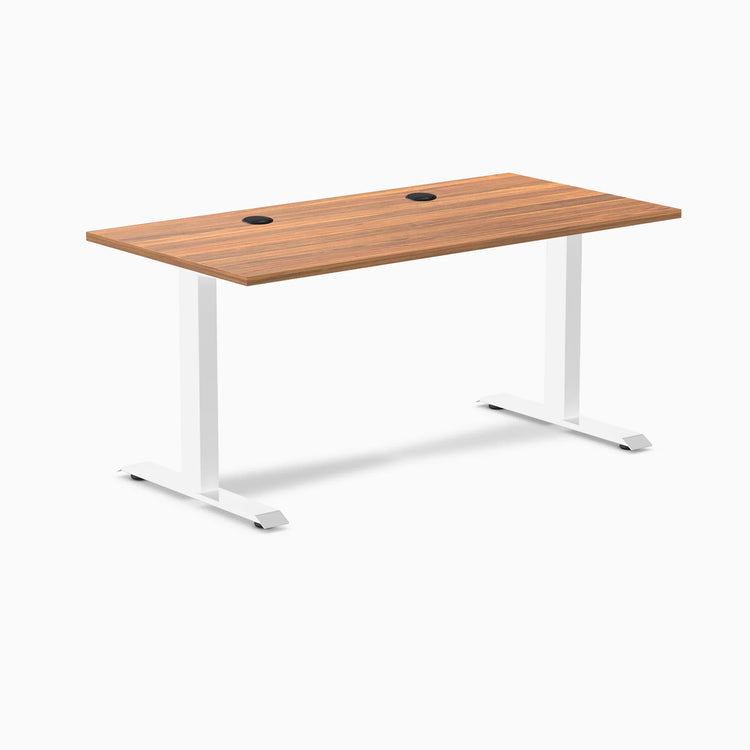 Desky Zero fixed height office desk with Prime Oak laminate top, white steel frame, and two grommets.
