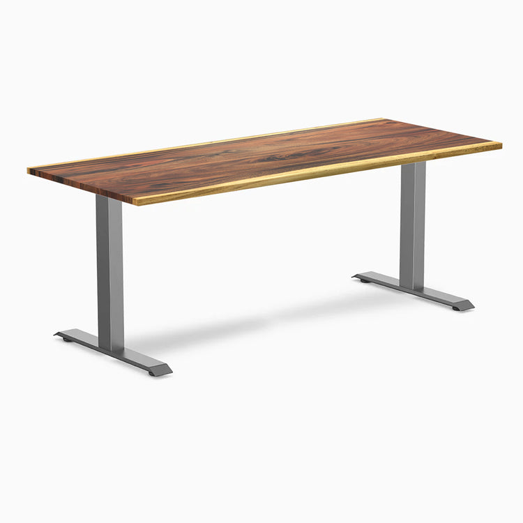 Desky Zero 72x30 inch Saman hardwood desk with live edge and Space Gray steel frame.