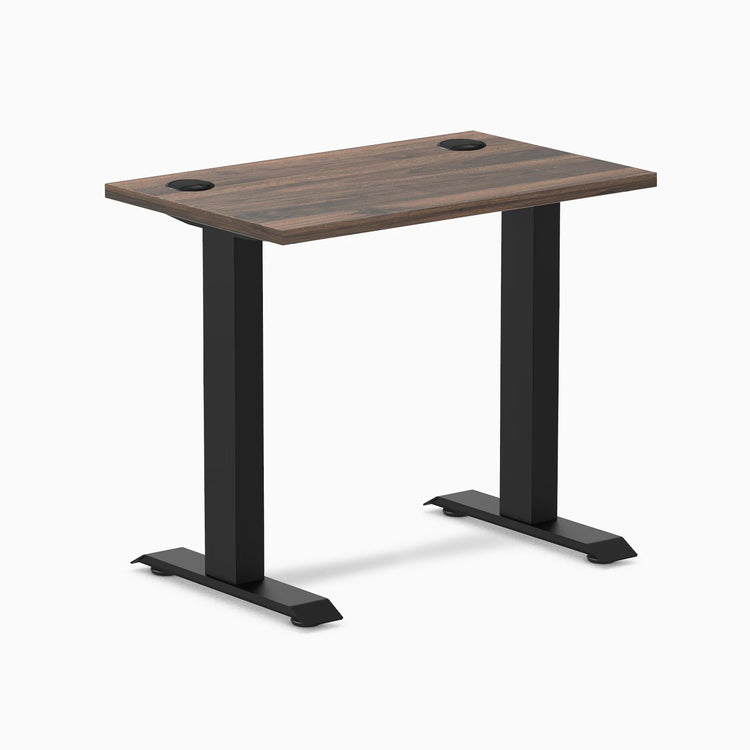 Desky Zero Mini fixed-height desk with Jarrah Legno 32x20 inch top, grommets, and matte black legs.