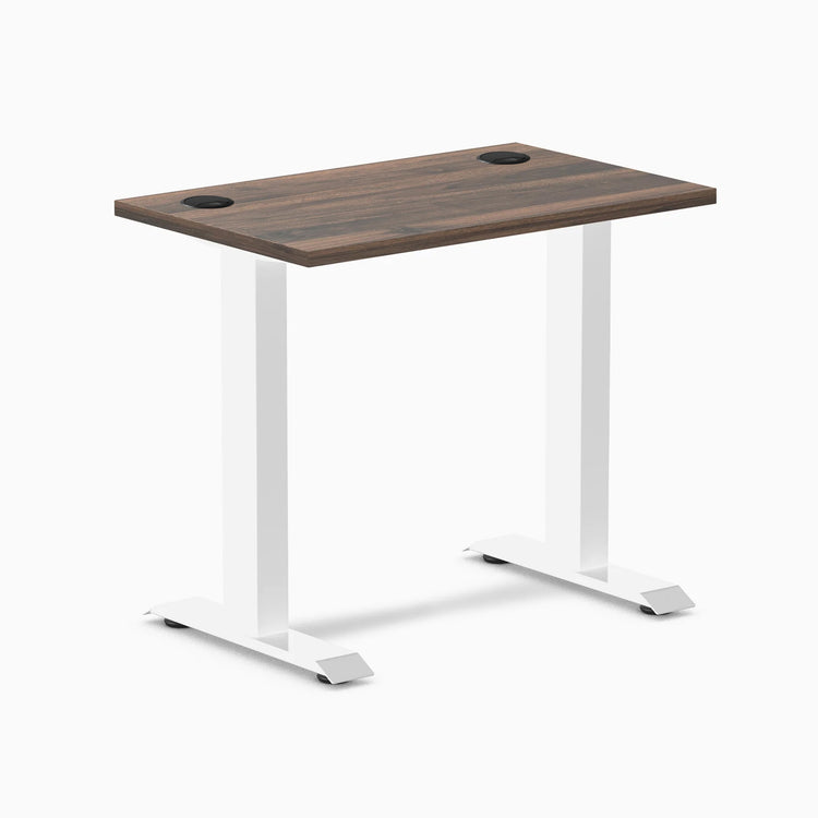 Desky Zero Mini fixed-height desk with Jarrah Legno top, white legs, 32x20 inches, and grommets.