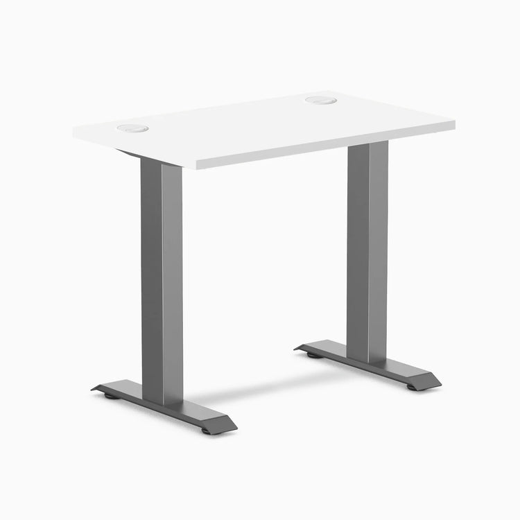 Desky Zero Mini fixed-height desk, white 32x20 inch top with grommets, space gray legs.