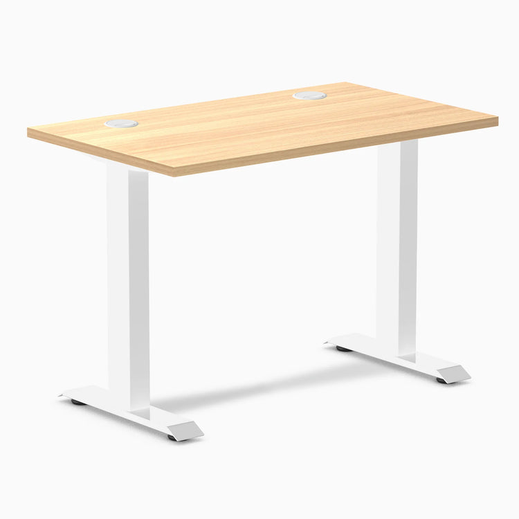 Desky Zero Mini fixed-height desk with Sublime Teak 40x24 inch top, white legs, and two grommets.