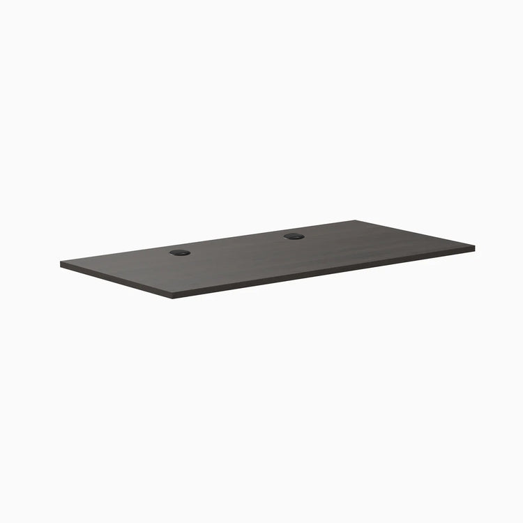 Desky Burnished Wood laminate desktop, 59.1" x 29.5", with two grommets for cable management.