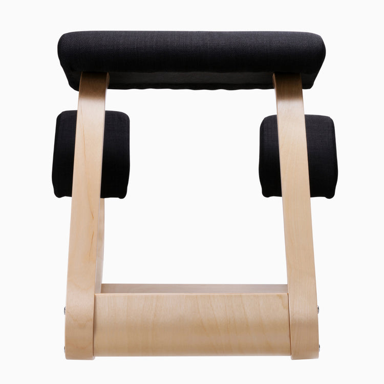 Desky Kneeling Chair with light beechwood frame and black mesh cushions.