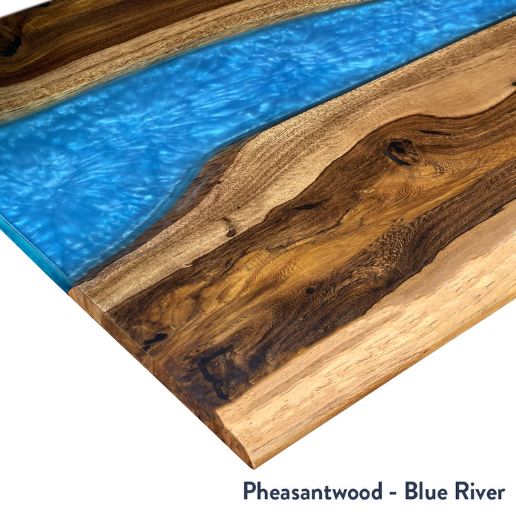 Desky Pheasantwood hardwood desk with a vibrant blue resin river feature.