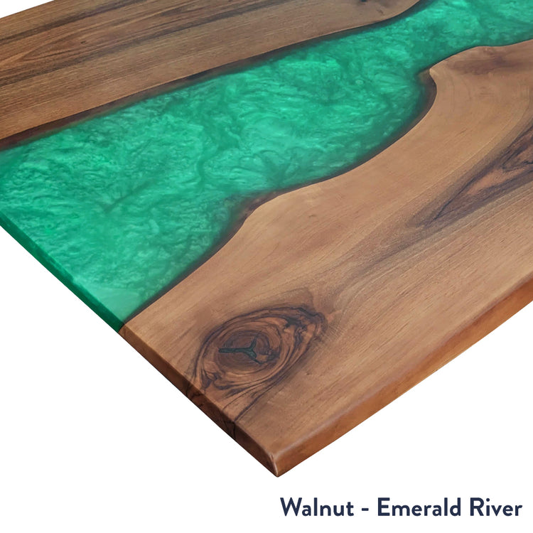Walnut hardwood desk with a vibrant emerald green resin river design.