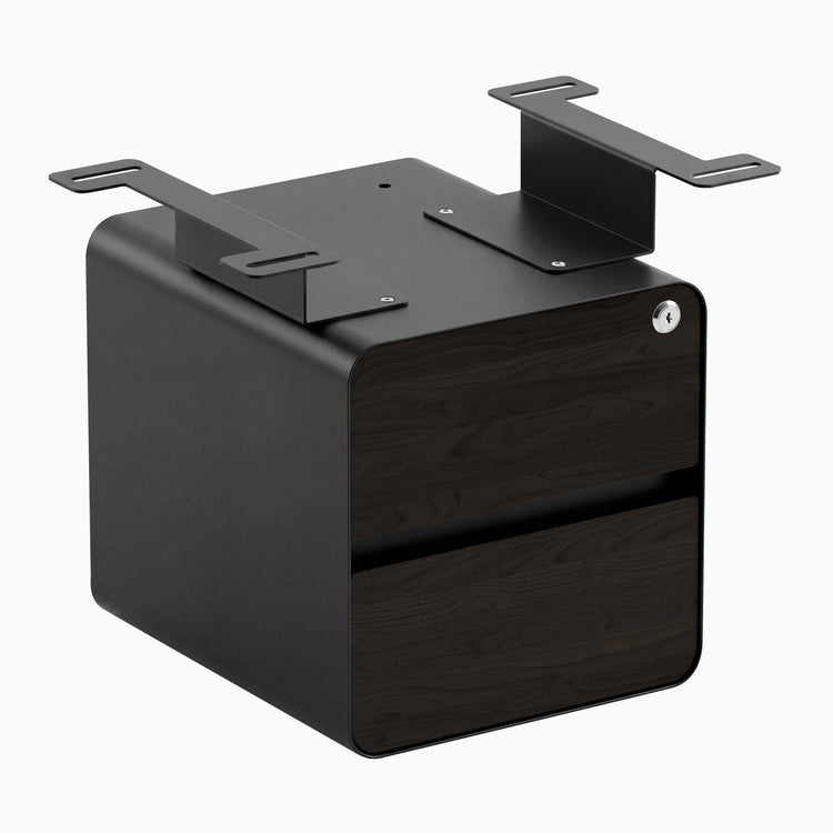 Desky minimal under desk cabinet black frame, burnished wood front