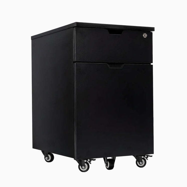 Desky black laminate filing cabinet with one personal drawer, one full-size file drawer, lock, and casters.