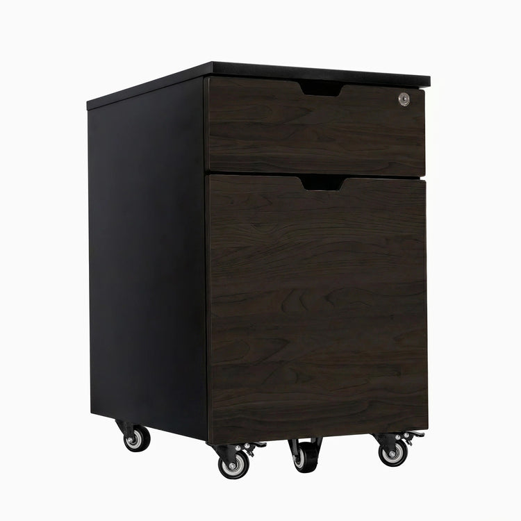 Desky black filing cabinet with two burnished wood drawers, one lockable, on casters.