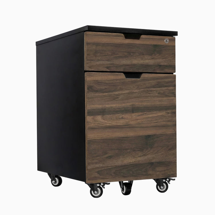 Black Desky wooden filing cabinet with Jarrah Legno drawers, lockable, on casters.