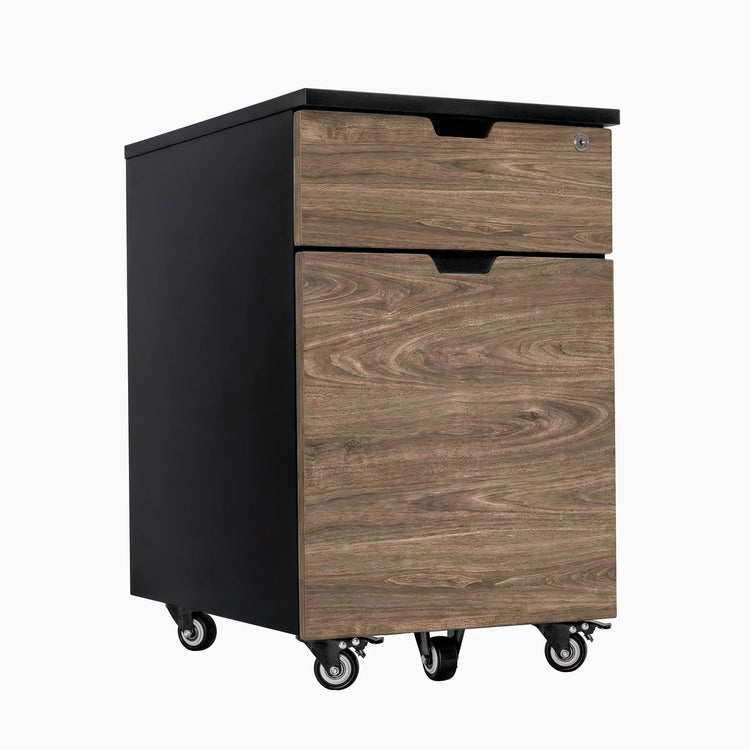 Desky black filing cabinet with two laminate natural walnut drawers, one lockable, on casters.