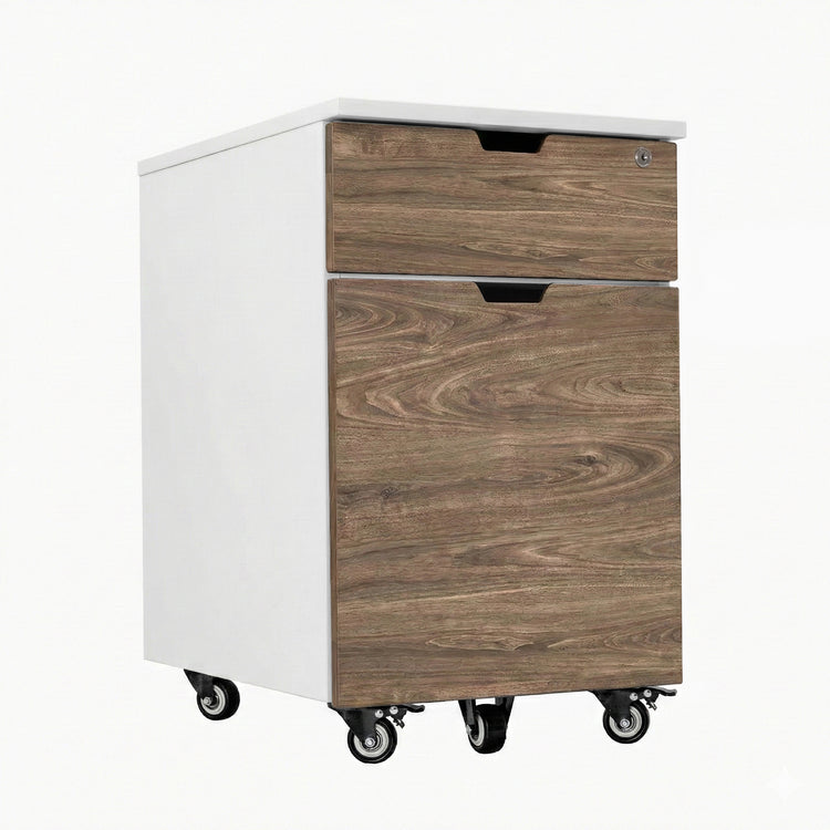 White Desky wooden minimal filing cabinet with natural walnut laminate drawers and casters.