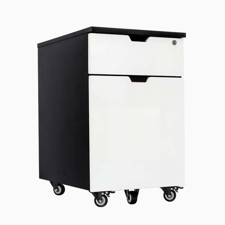Desky black and laminate white wooden filing cabinet with two drawers and casters.