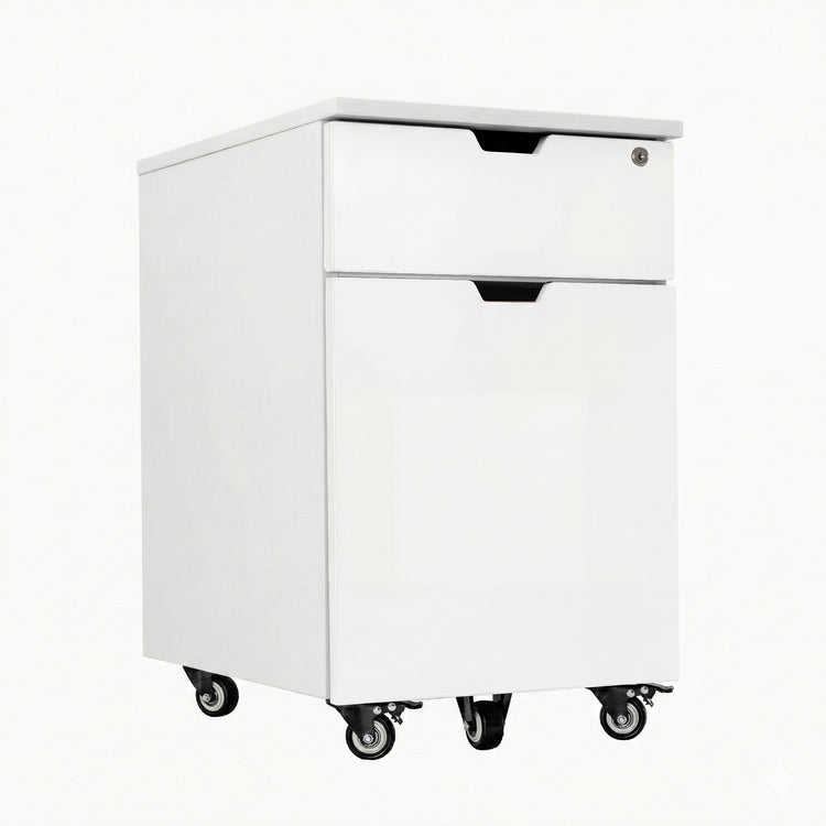 White Desky wooden minimal filing cabinet with one personal drawer, one full-size file drawer, lock, and casters.