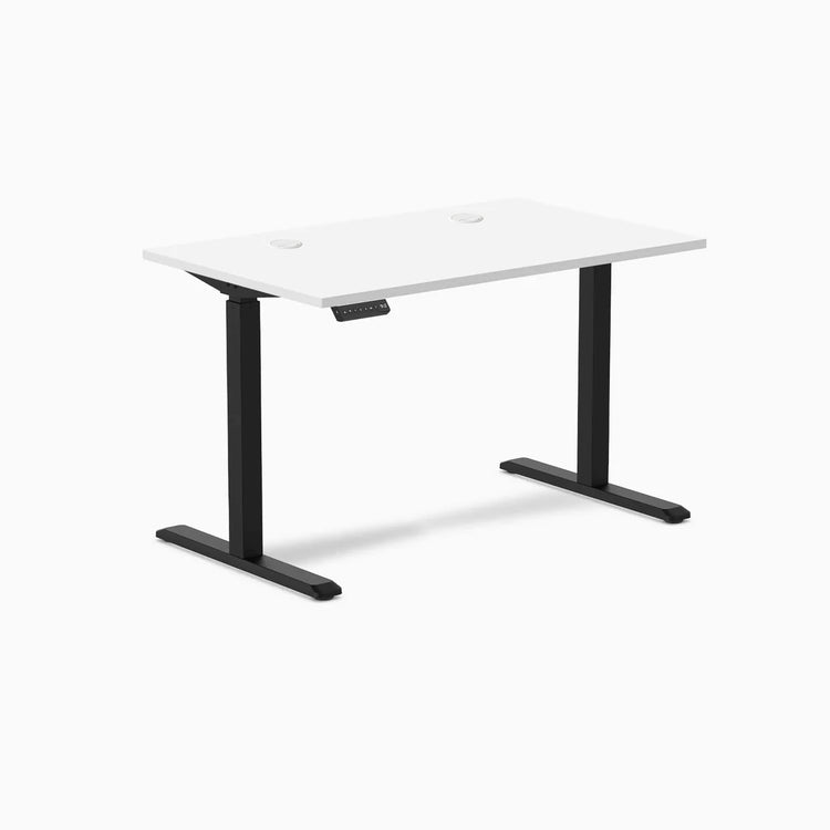 Desky Single Sit Stand Desk with white 47.2x29.5 inch top, black frame, grommets, and control panel.