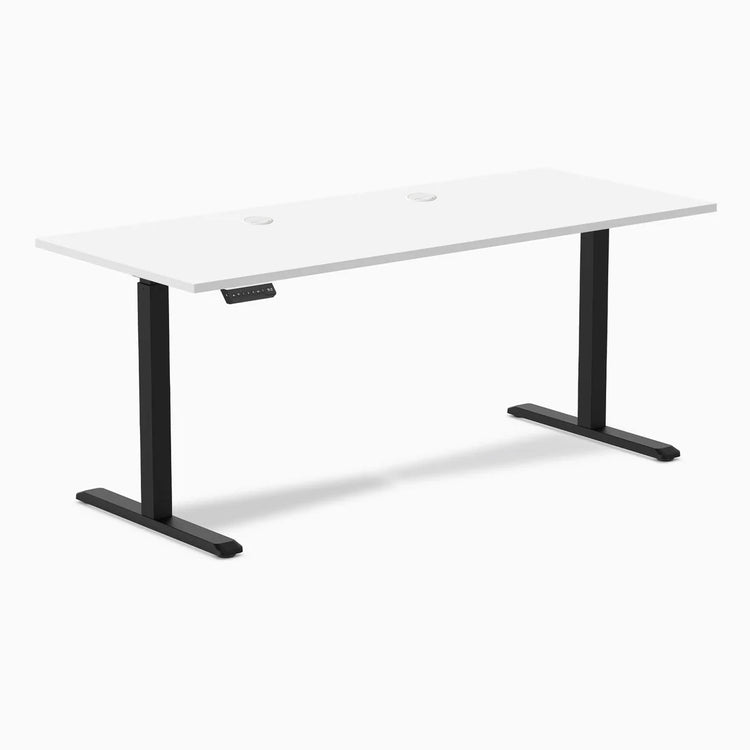 White Desky Single Sit Stand Desk, 70.9x29.5 inch, with black frame, grommets, and control panel.