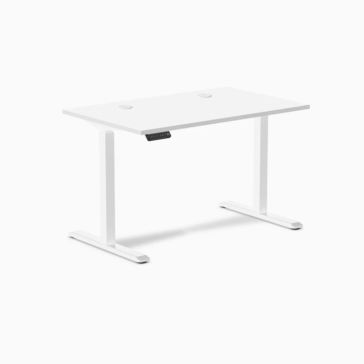 White Desky Single Sit Stand Desk, 47.2 x 29.5 inches, with grommets and height control panel.