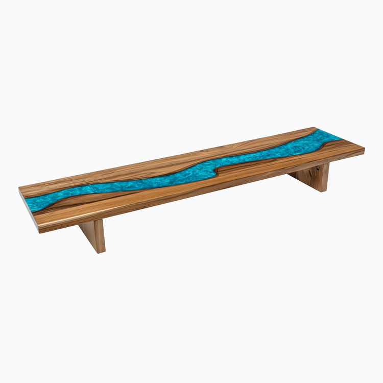 Desky Minimal Monitor Stand in Teak Blue River, featuring a sleek wood and blue epoxy resin design.