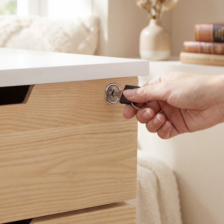 Hand inserting a key into the lock of a light wood and white Desky filing cabinet.