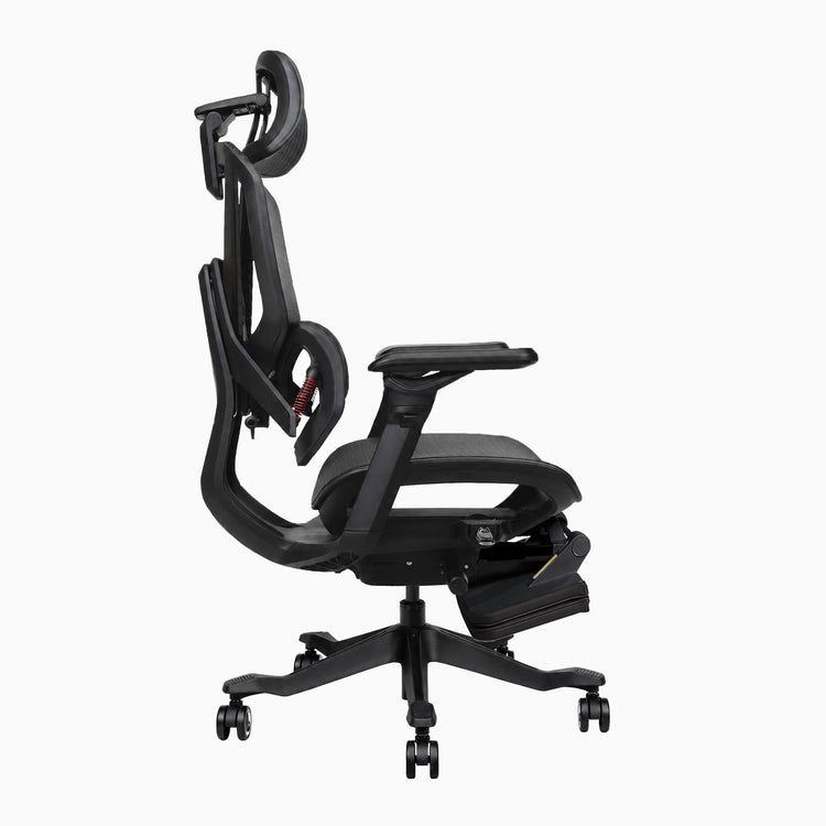 Contourra ergonomic office chair in black side view with adjustabel foot rest
