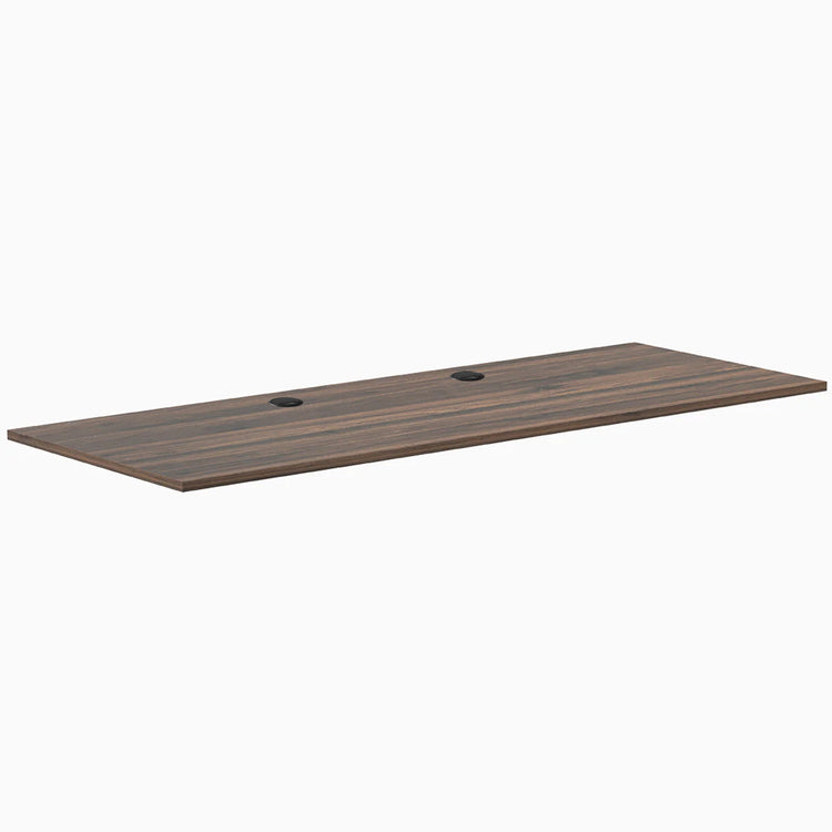 Desky 1" thick Jarrah Legno laminate desktop, 78.7x29.5 inches, with two black grommets.