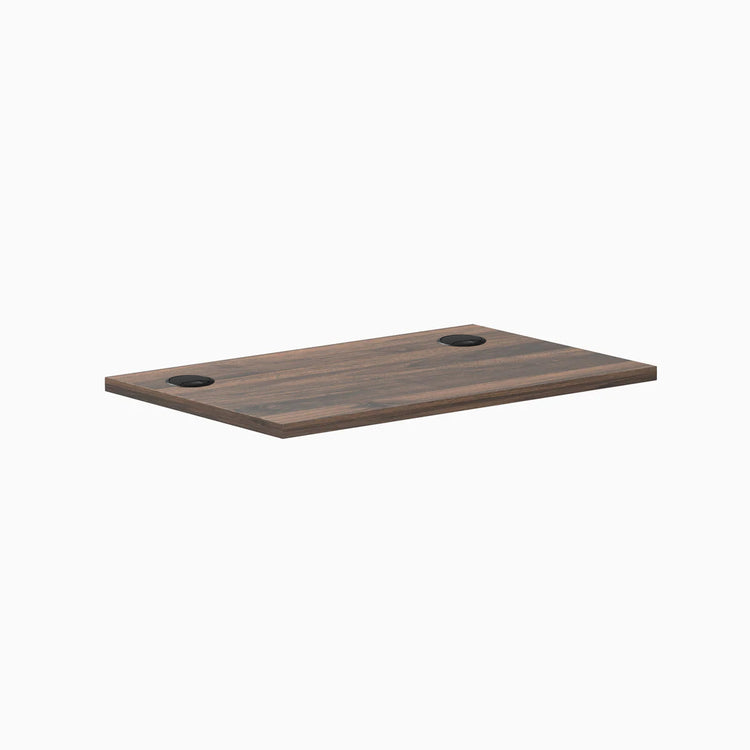 Desky Mini Laminate Desktop in Jarrah Legno, 32x20 inches, with two black grommets.