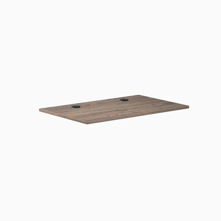 Desky Natural Walnut laminate desktop, 47.2" x 29.5", with two black grommets for cable management.
