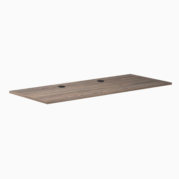 Desky Natural Walnut laminate desktop, 70.9" x 29.5", with two black grommets.