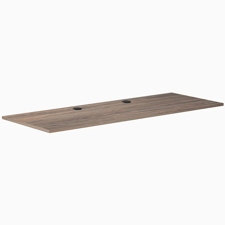 Desky Natural Walnut laminate desktop, 78.7 x 29.5 inches, with two grommets for cable management.