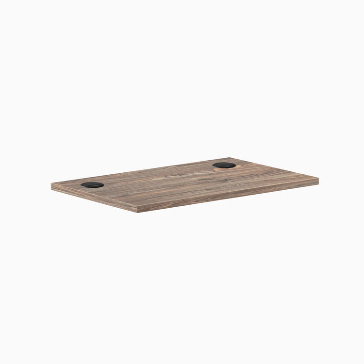 Natural Walnut 32x20 inch melamine laminate desktop with two black grommets.