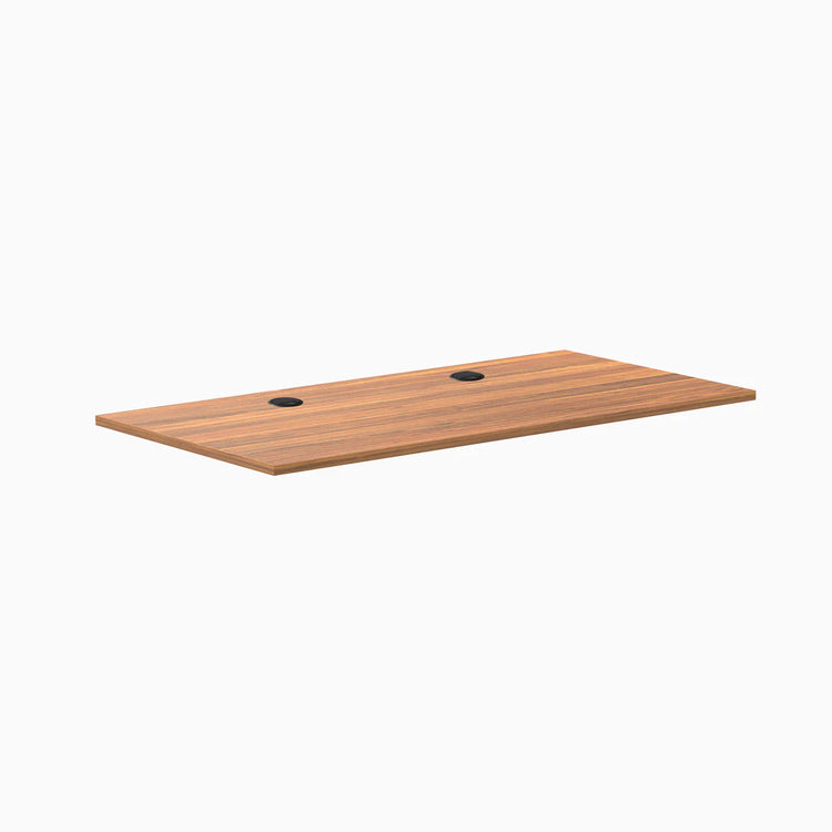 Desky Prime Oak laminate desktop, 59.1" x 29.5", with two black grommets.