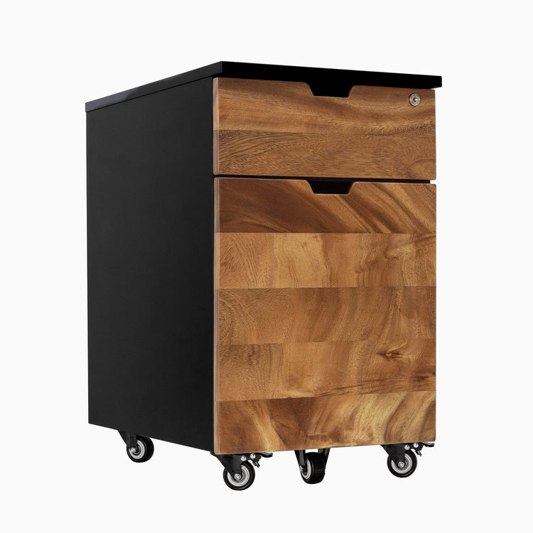 Desky black and hardwood saman filing cabinet with two drawers, one lockable, on casters.
