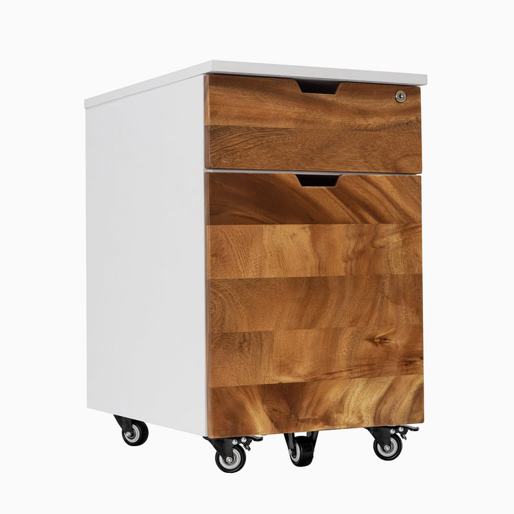 White Desky minimal filing cabinet with two hardwood saman drawers, one lockable, on casters.