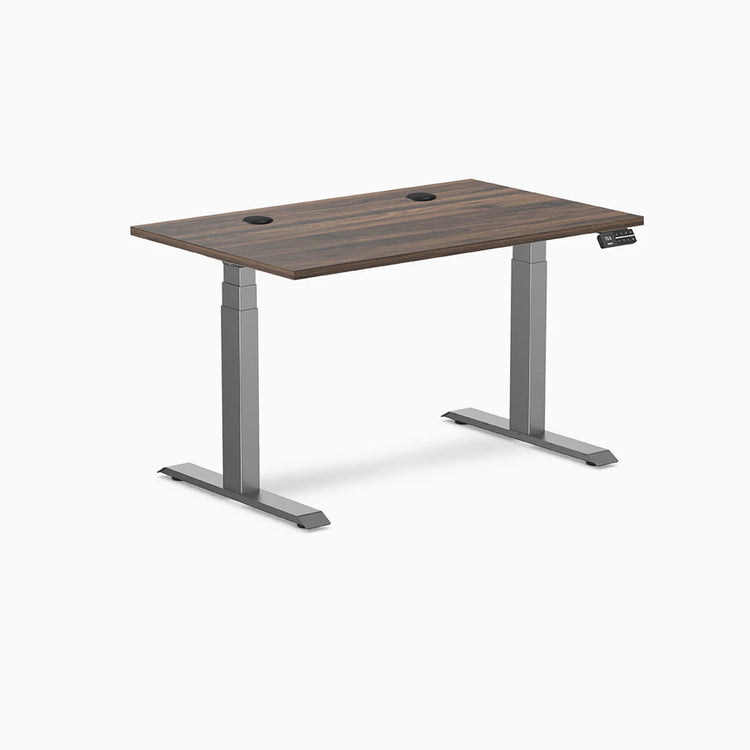 Desky Dual Laminate Sit Stand Desk with Jarrah Legno top, Space Gray legs, and grommets.