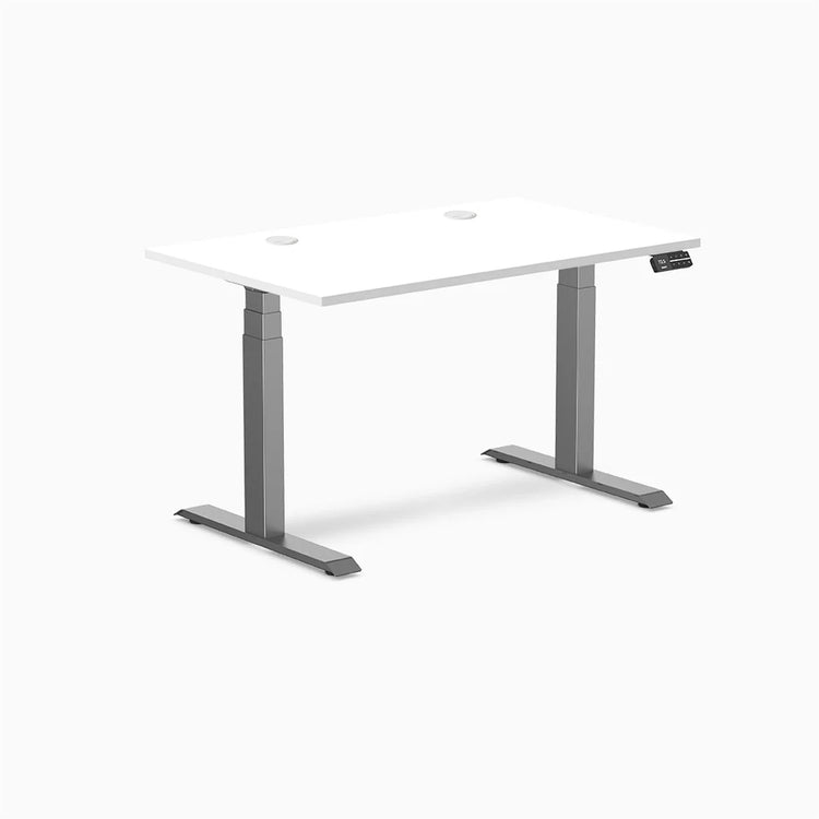 White 47.2 x 29.5 inch Desky Dual Laminate Sit Stand Desk with Space Gray frame and grommets.