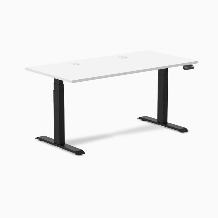 Desky Dual Laminate Sit Stand Desk with white top, matte black frame, and two grommets.