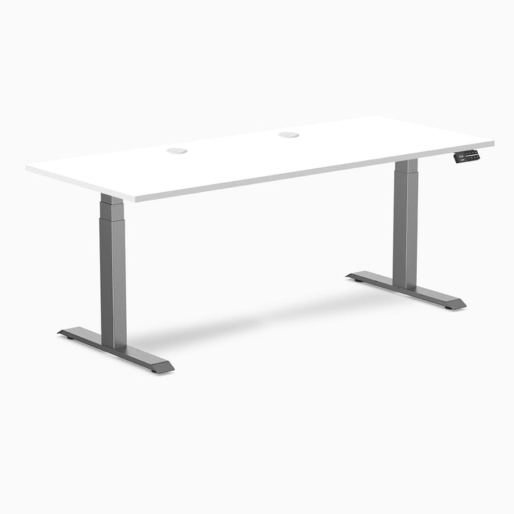 Desky Dual laminate sit-stand desk, white 70.9x29.5 inch top with grommets, space gray frame.
