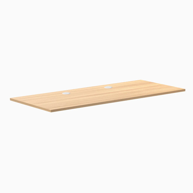 Desky Sublime Teak laminate desktop, 70.9" x 29.5", with two silver grommets.