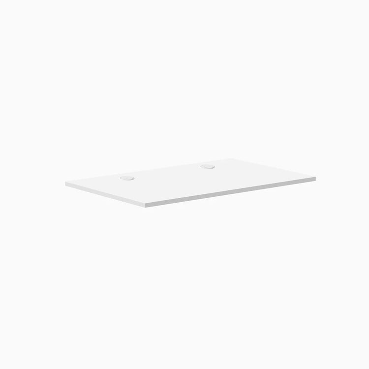 White laminate desk top, 47.2" x 29.5", with two grommets for cable management.