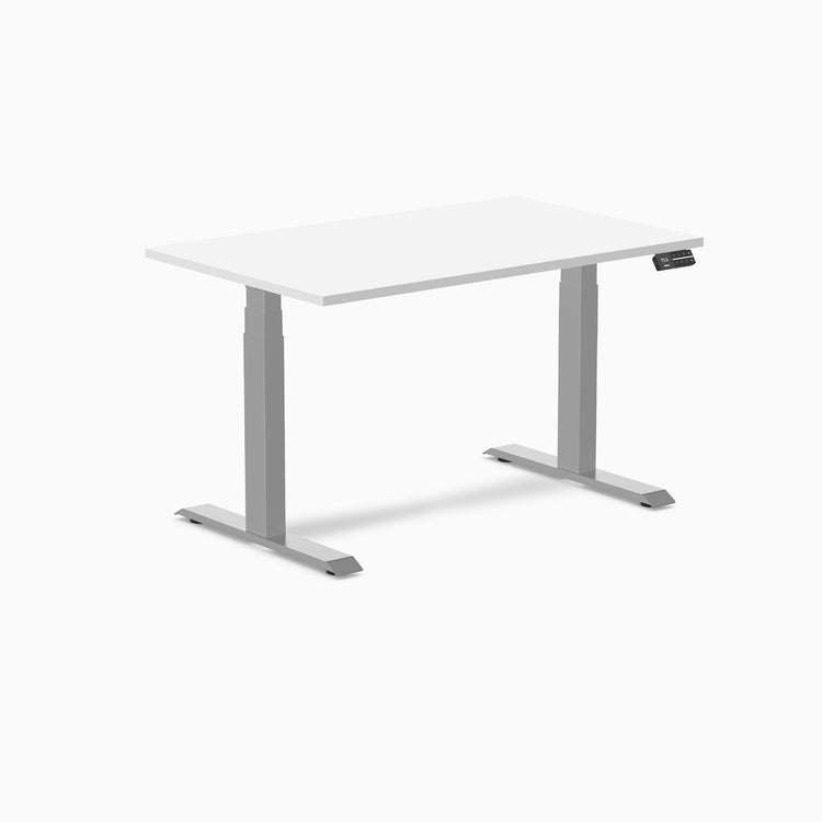 Desky Dual white laminate sit-stand desk with silver frame and digital control panel.