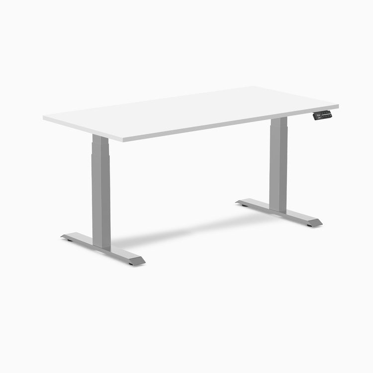 Desky Dual white laminate sit-stand desk with silver frame and digital control panel.