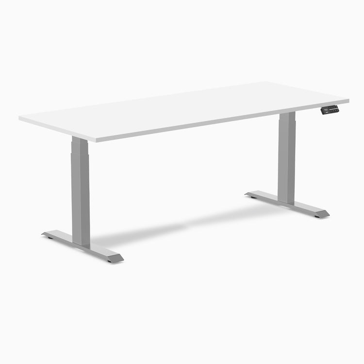 Desky Dual white laminate sit-stand desk with silver frame and digital control panel.