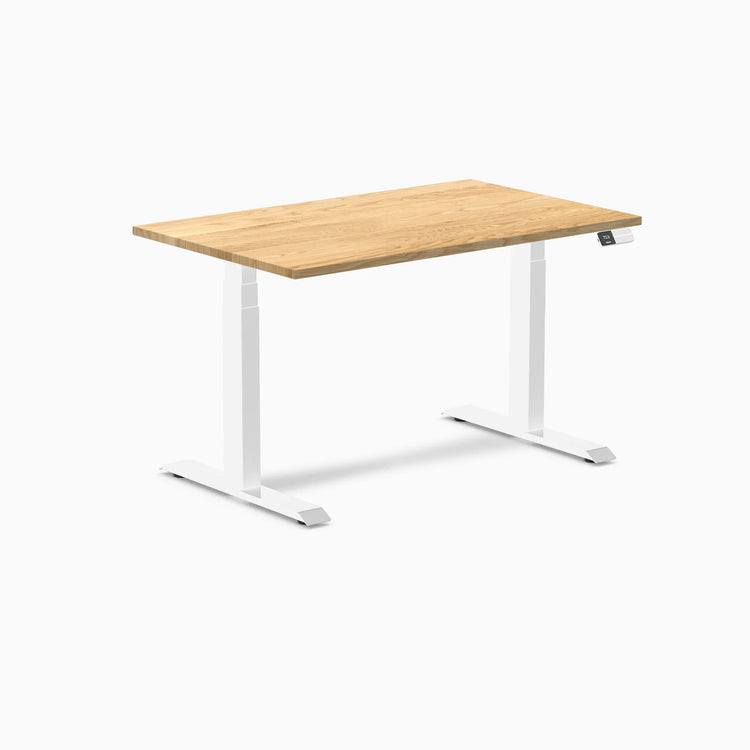 Desky Dual Hardwood Sit Stand Desk with a white oak top and white legs.
