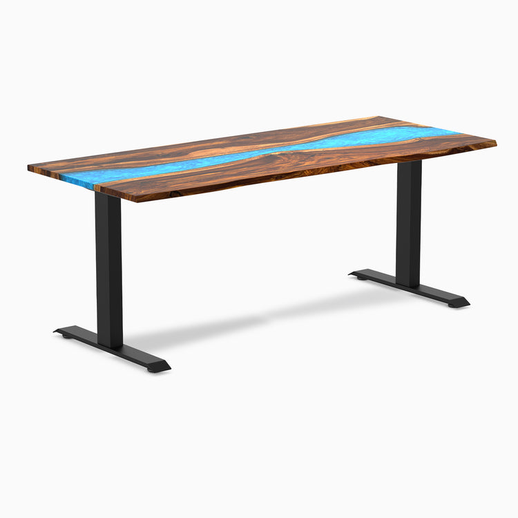 Pheasantwood hardwood office desk with a blue resin river and matte black steel frame.
