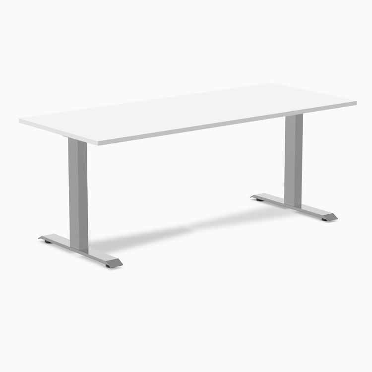 Desky Zero fixed-height office desk with a white laminate top and silver steel frame.