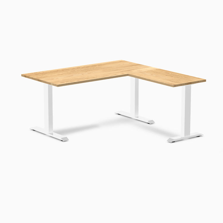 Desky Zero L-Shape Office Desk with White Oak desktop and white steel frame.